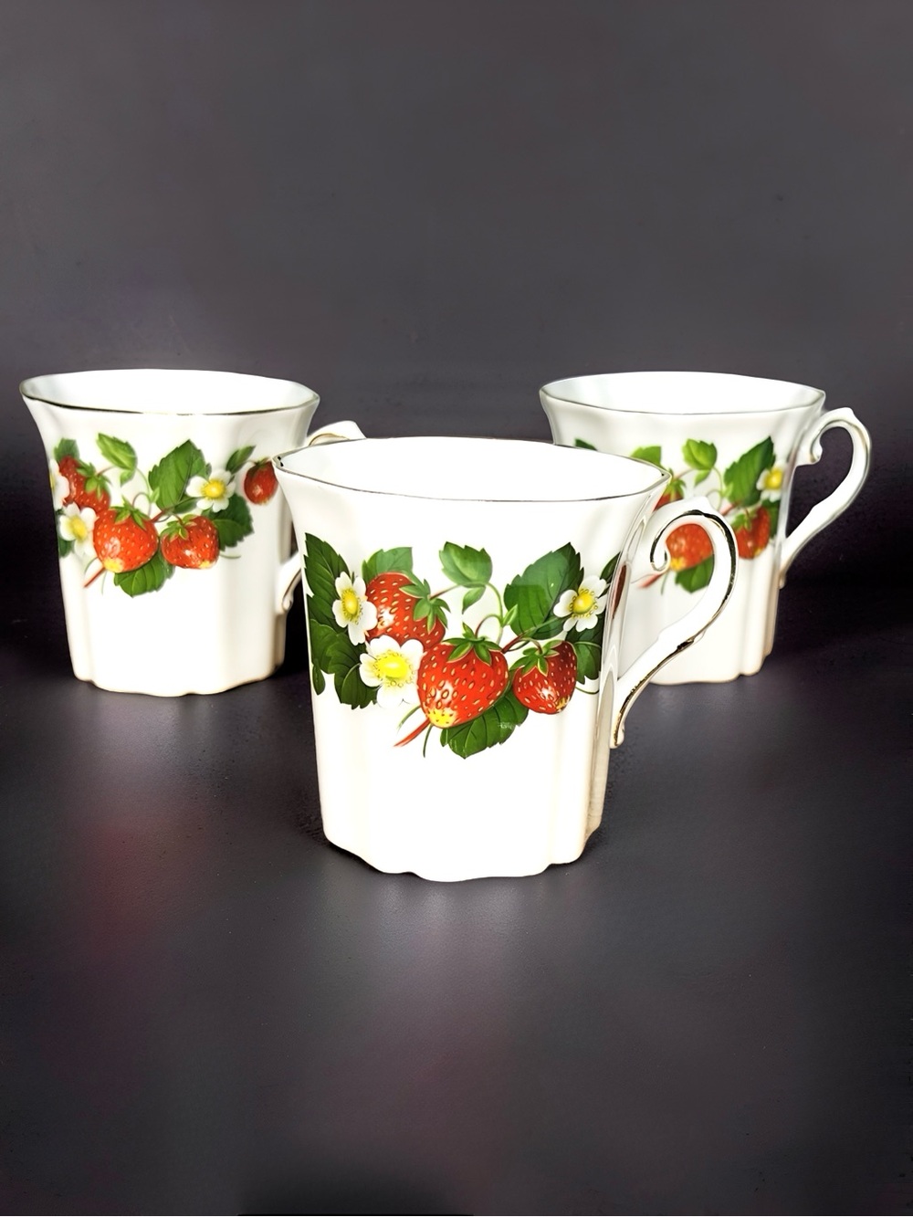 Vintage SET OF 3 Royal Grafton Fine Bone China Strawberry Mugs Tea Cups